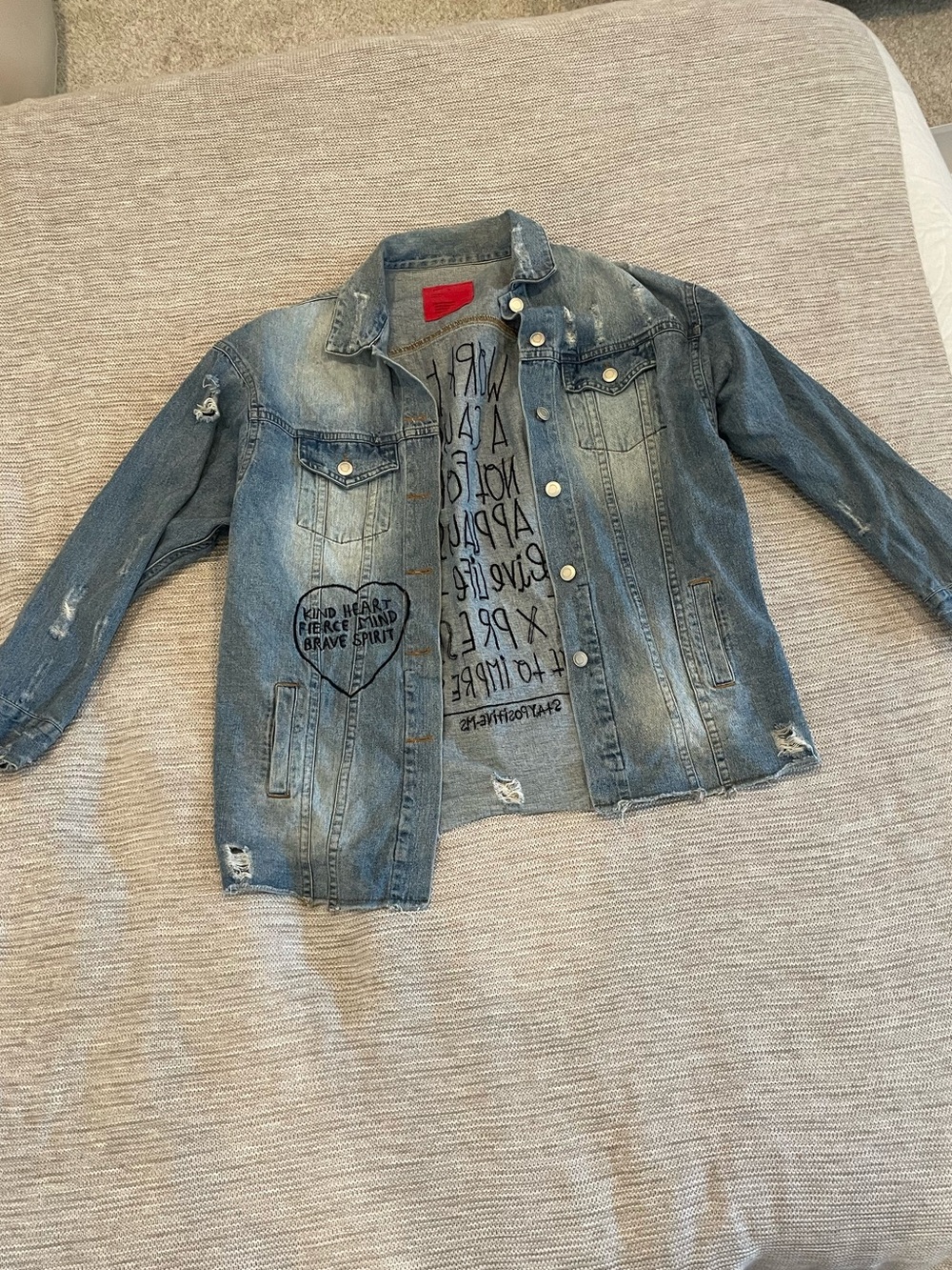 emory park Light Blue Distressed Women’s Denim Jacket with Embroidery